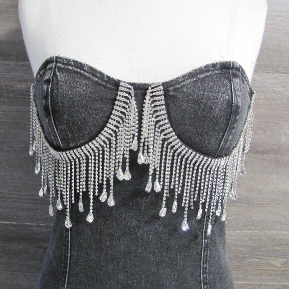 CLOUD TEN LADIES BLACK DENIM BLINGED BODY CON DRESS NWT - Picture 3 of 12